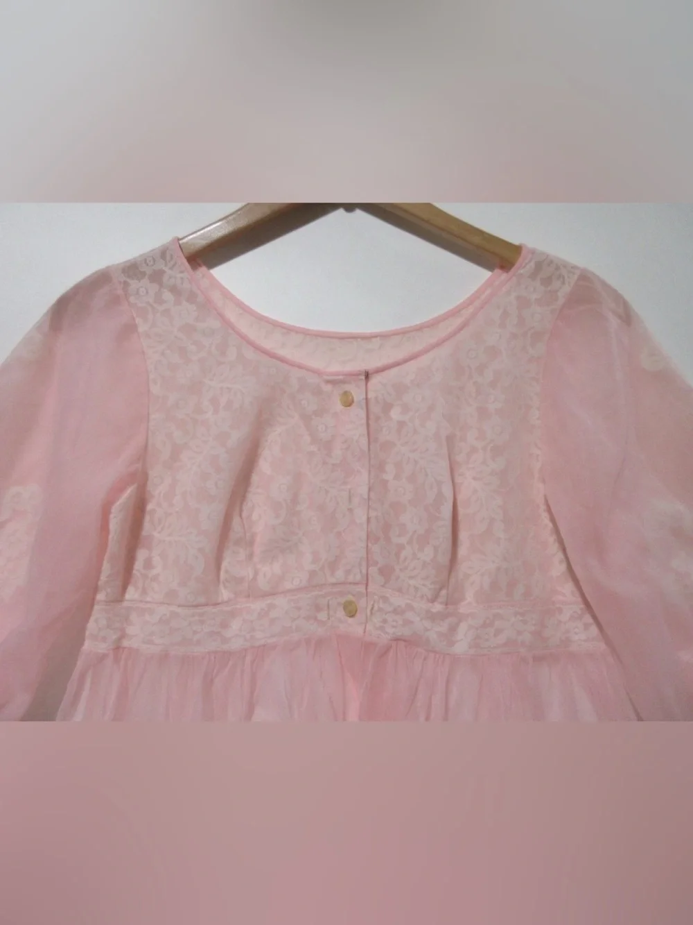 Vintage Miss Elaine Pink Peignoir Dressing Gown Sheer Lace Puff Sleeves Small